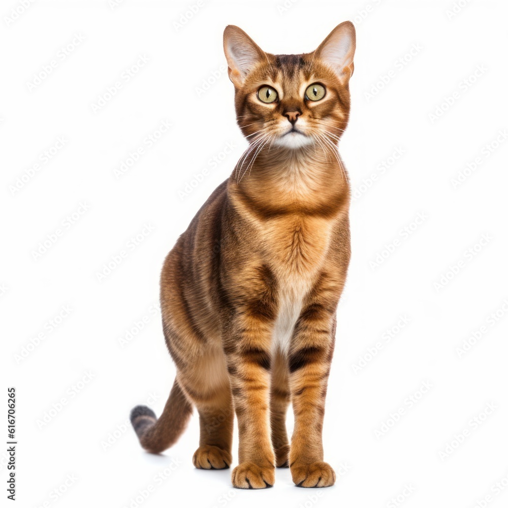 Standing Havana Brown Cat. Isolated on Caucasian, White Background. Generative AI.