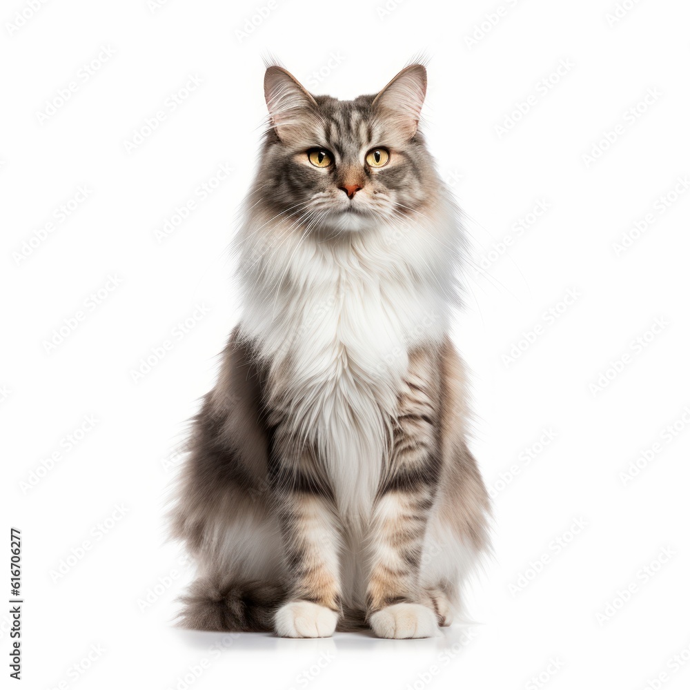 Standing Norwegian Forest Cat. Isolated on Caucasian, White Background. Generative AI.