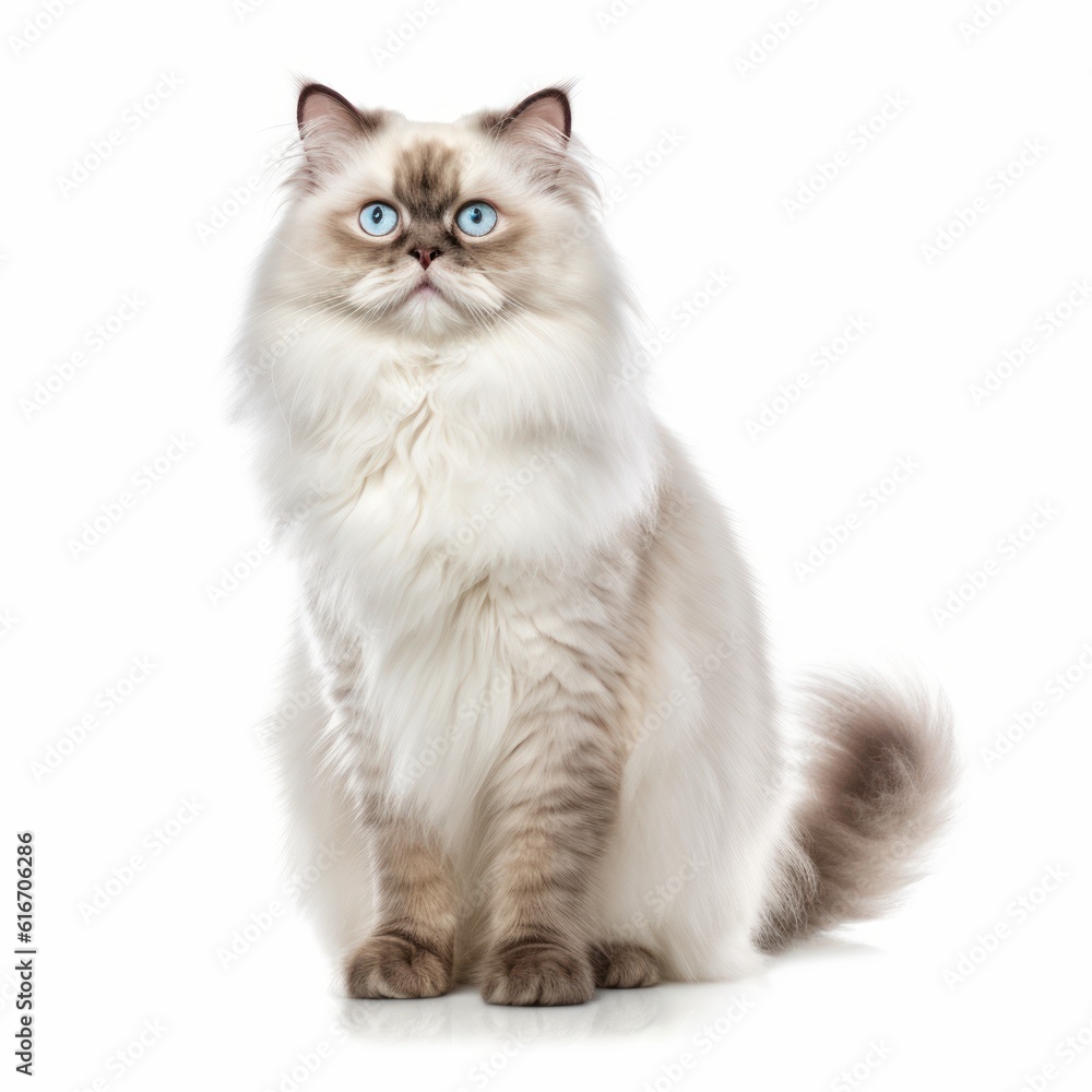 Standing Himalayan Cat. Isolated on Caucasian, White Background. Generative AI.