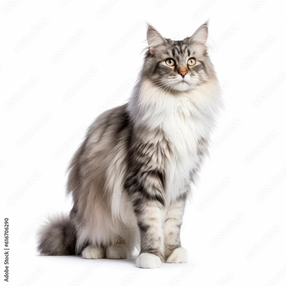 Obraz premium Standing Norwegian Forest Cat. Isolated on Caucasian, White Background. Generative AI.