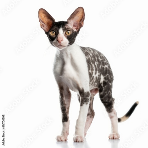 Standing Cornish Rex Cat. Isolated on Caucasian, White Background. Generative AI. © bomoge.pl