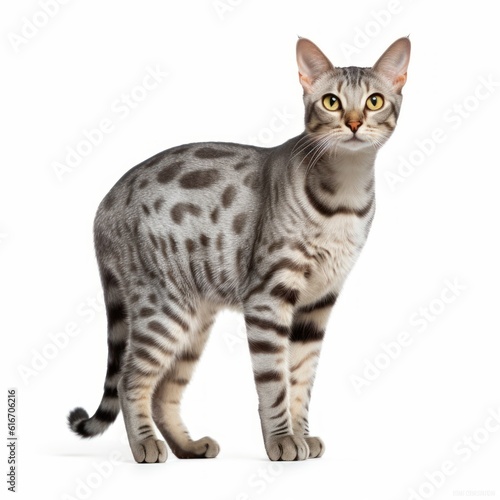 Standing Egyptian Mau Cat. Isolated on Caucasian, White Background. Generative AI.