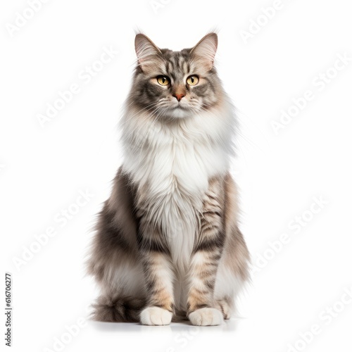 Standing Norwegian Forest Cat. Isolated on Caucasian, White Background. Generative AI.