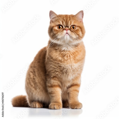 Standing Exotic Shorthair Cat. Isolated on Caucasian, White Background. Generative AI.