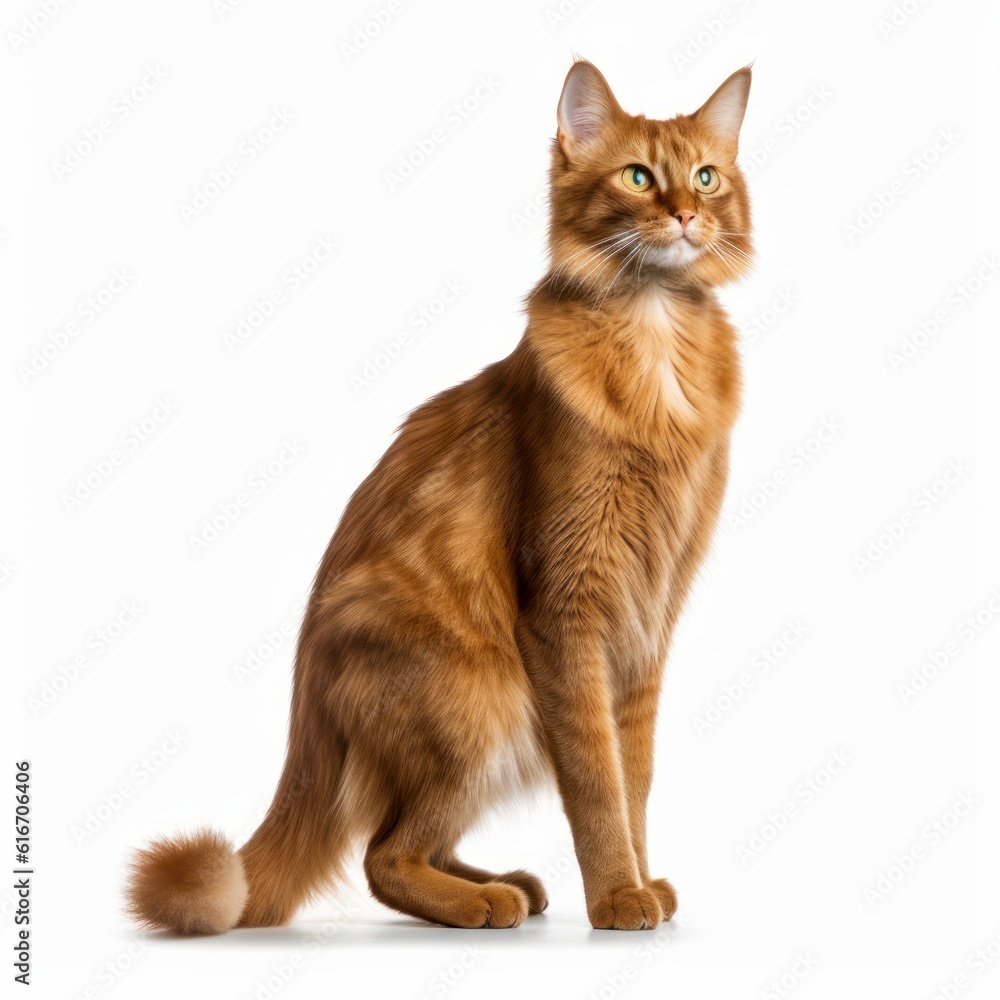 Standing Somali Cat. Isolated on Caucasian, White Background. Generative AI.