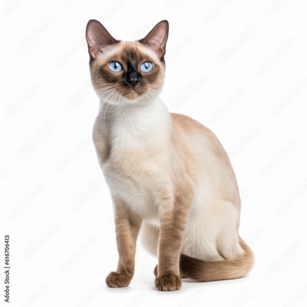 Standing Siamese Cat. Isolated on Caucasian, White Background. Generative AI.
