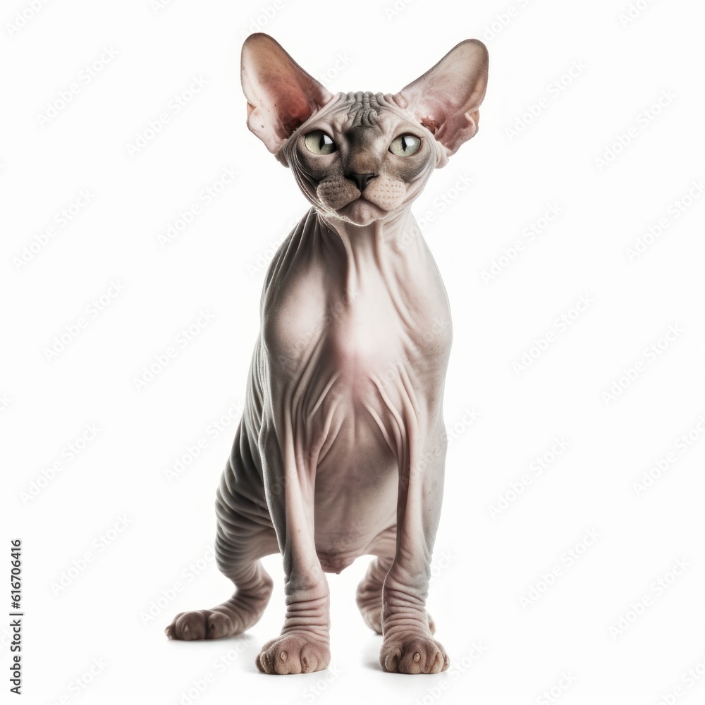 Standing Sphynx Cat. Isolated on Caucasian, White Background. Generative AI.