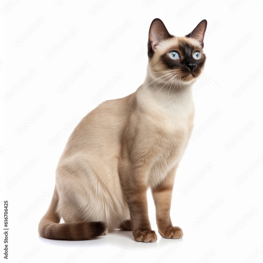 Standing Siamese Cat. Isolated on Caucasian, White Background. Generative AI.