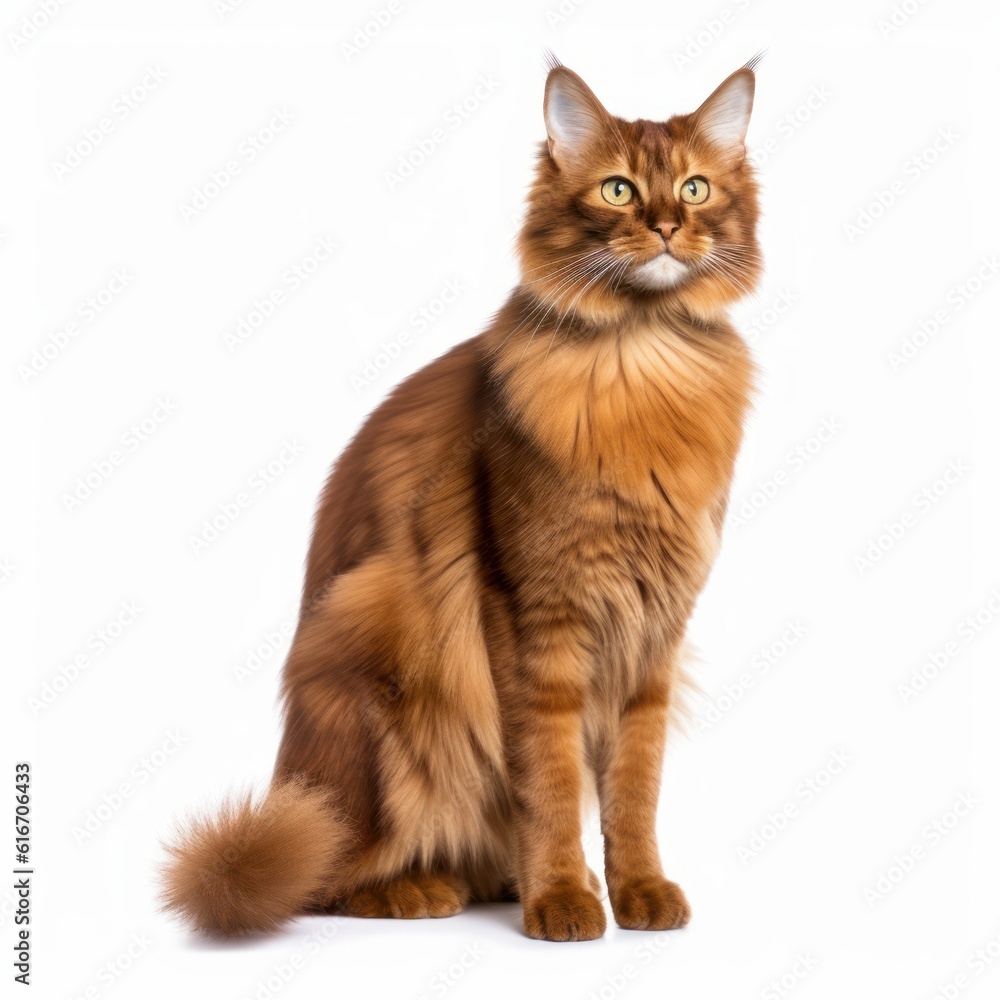 Obraz premium Standing Somali Cat. Isolated on Caucasian, White Background. Generative AI.