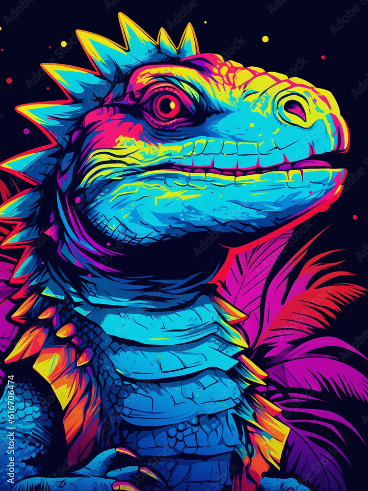 Cybernetic Art of Iguana in Vivid Colours. Design for T-shirts, Posters, Stickers, and more. Generative Ai Cybernetic Art of Iguana in Vivid Colours. Design for T-shirts, Posters, Stickers, and more. Generative Ai