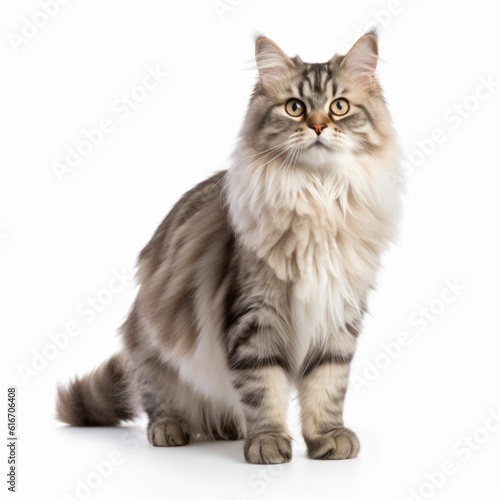 Standing Siberian Cat. Isolated on Caucasian, White Background. Generative AI.