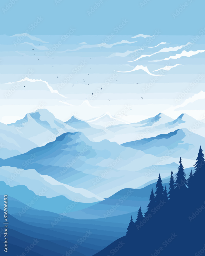 Mountain landscape vector art with blue hues.