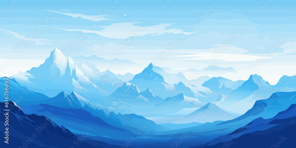 Mountain landscape vector art with blue hues.