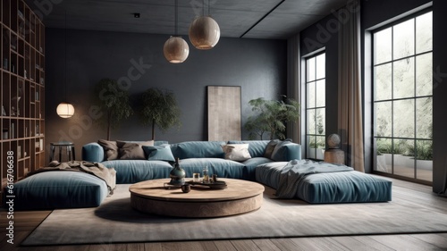 Cozy vintage living room in blue and gray tones. Comfortable corner sofa with pillows and plaids, round coffee table, carpet on the wooden floor, pendant lights, poster, plants in floor pots.