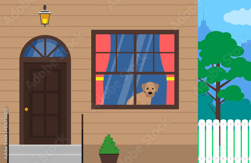 sad locked dog sitting at home and looking through the window vector illustration