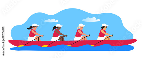 rowing boat women team sport competition vector illustration