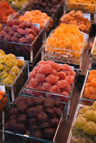 Photo in local market full of different sweets.