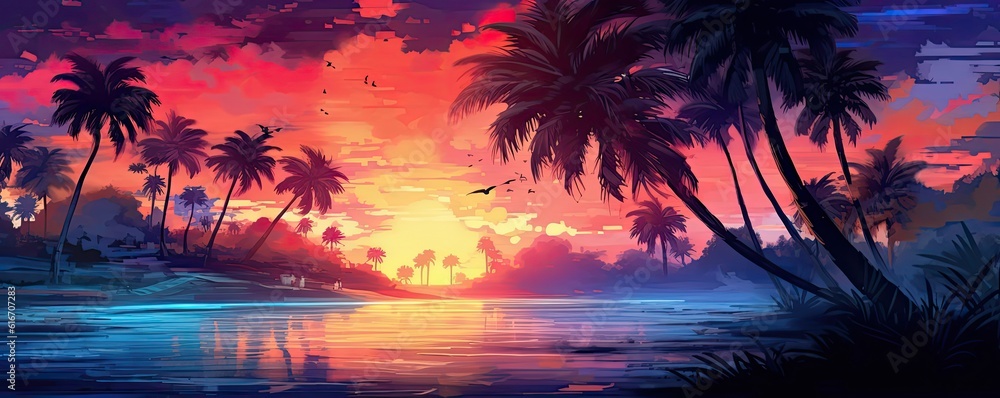 Sunny colorful beach painting with palm trees beside the ocean. Generative AI. 