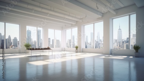 Room for open space in high-tech loft style. Floor to ceiling windows with stunning city views. Concrete walls and floor. The empty space is ready to accommodate a modern office. Mock up, 3D rendering