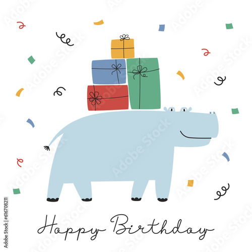 Happy birthday concept for  greeting card. Illustration of a funny hippo with gifts for postcard, invitation, poster and banner