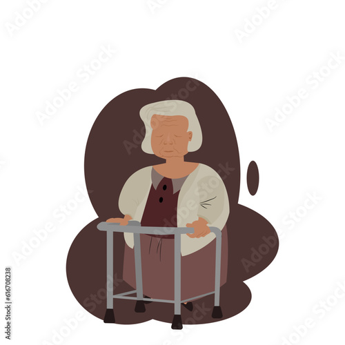 Front view of fat elderly woman is standing on walker on black background.Old fat woman standing by walking aids.Seniors illustration flat design characters concept for Healthcare