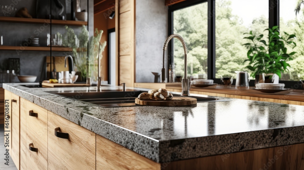 Fragment of a modern kitchen in a luxury home. Quartz countertops, wood cabinets, kitchen island with drawers, open shelves, table decor, plants in pots, beautiful garden view from the window.