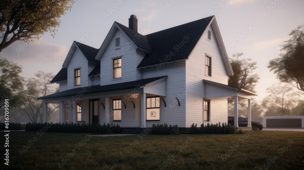Classic American suburban modern farmhouse. Two story, white siding walls, dark shingle roof, spacious porch, neatly trimmed lawn, bright morning light. Mockup, 3D rendering. Classic American suburban modern farmhouse. Two story, white siding walls, dark shingle roof, spacious porch, neatly trimmed lawn, bright morning light. Mockup, 3D rendering.