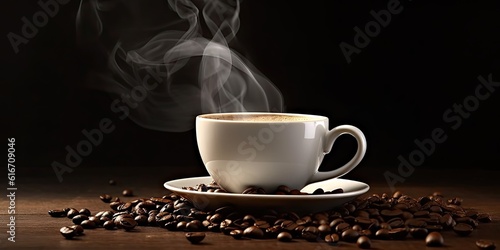 Coffee Delight. Hot Espresso in a White Cup and coffee beans on a Black Background