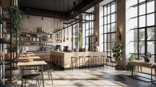 Interior of a modern loft style coffee shop. Concrete walls with open shelves  wooden bar counter and tables  pendant lamps  green plants  large panoramic windows. Modern hipster lifestyle concept.