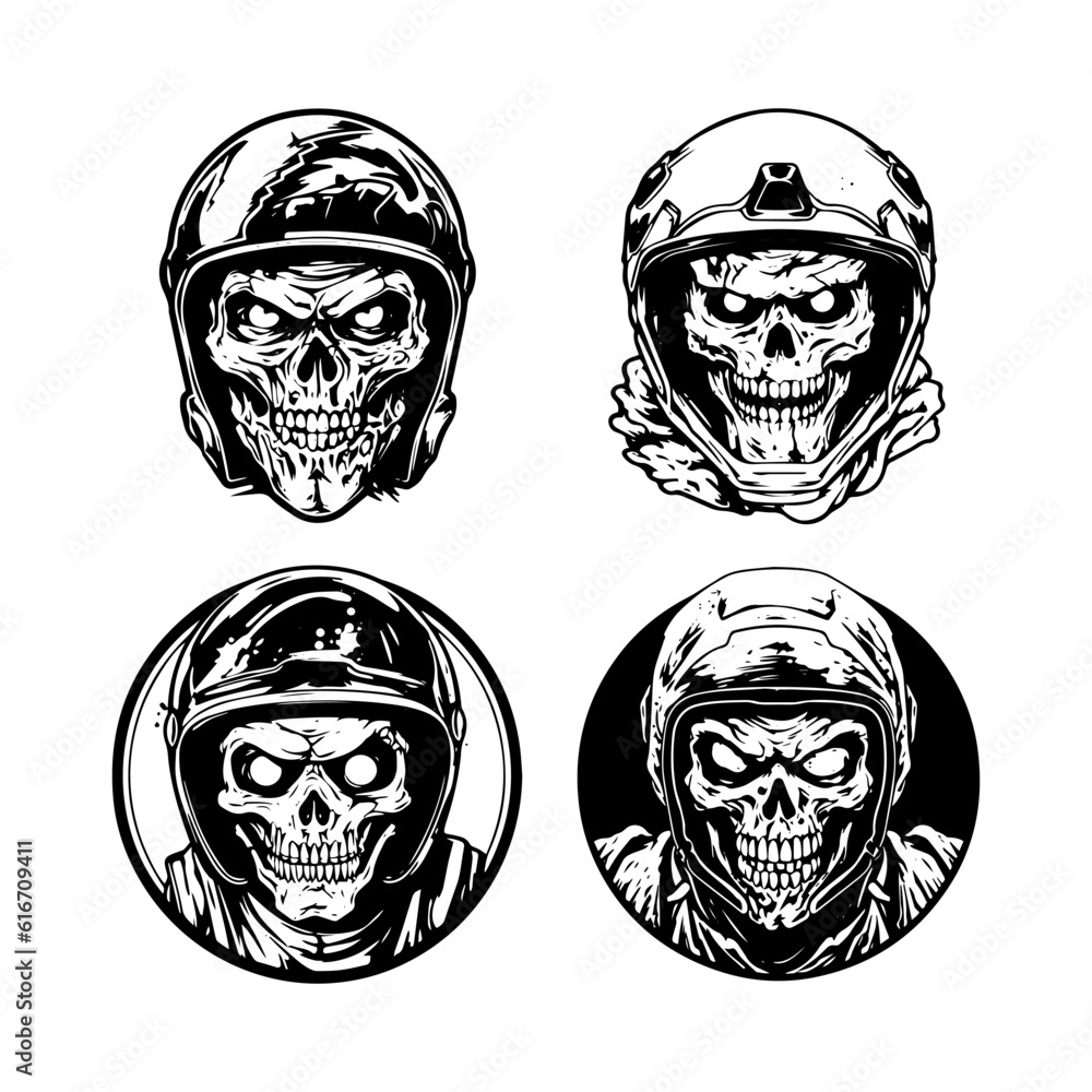 Edgy and intense logo design illustration of a skull zombie wearing a biker helmet, combining the elements of horror and motorcycle culture
