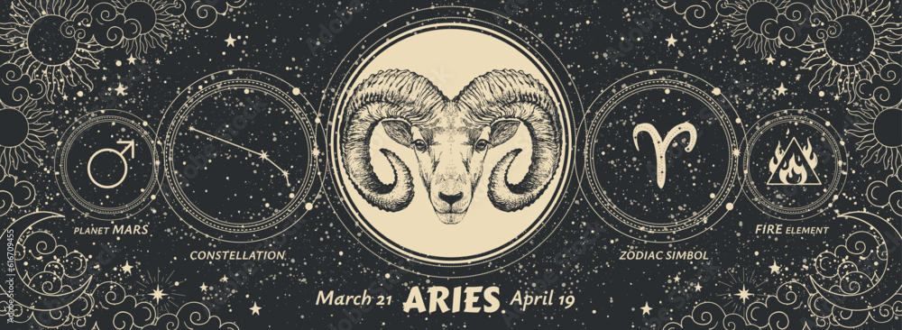 Aries zodiac sign, modern mystical astrology banner with black background of universe, constellation, symbols of alchemy and astronomy. Vintage vector horoscope card. - obrazy, fototapety, plakaty 