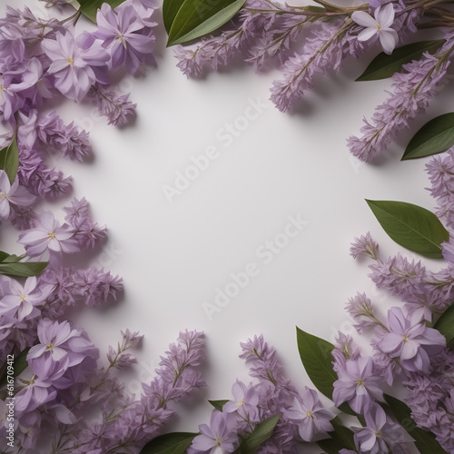 Lilac flowers border  purple and pink flowers  white background