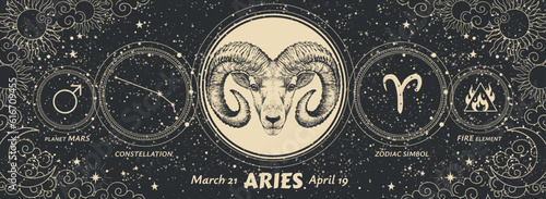 Aries zodiac sign, modern mystical astrology banner with black background of universe, constellation, symbols of alchemy and astronomy. Vintage vector horoscope card.