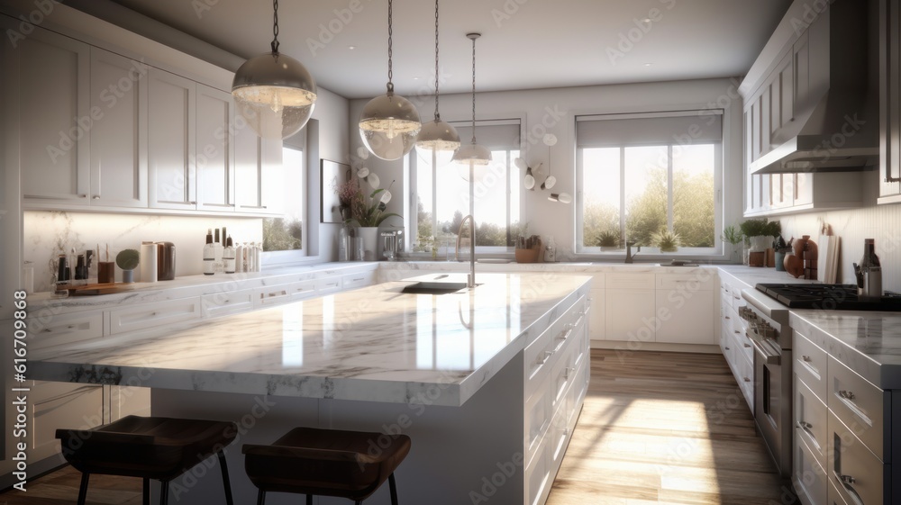 Modern luxury white kitchen. Large kitchen island with marble countertop and bar stools, wooden floor, pendant lights, modern kitchen appliances, large window with garden view. 3D rendering.