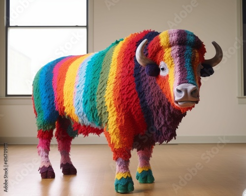 Colorful Bison Crocheted or Knitted American Buffalo Giant Life-Size Animal, Photorealistic AI-Generated Illustration