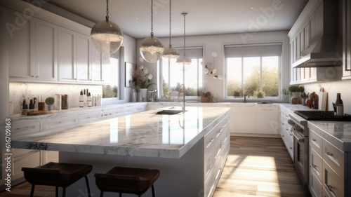 Modern luxury white kitchen. Large kitchen island with marble countertop and bar stools  wooden floor  pendant lights  modern kitchen appliances  large window with garden view. 3D rendering.