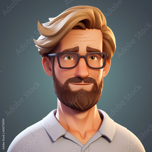 avatar mid fourties brownish blond hair with glasses starting at the screen ready to teach, beard is clean cut