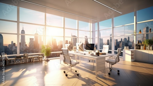 Loft style open space office in a modern urban building. Concrete floor and walls, large tables, comfortable chairs, desktop computers, plants in floor pots, floor-to-ceiling windows with city view.