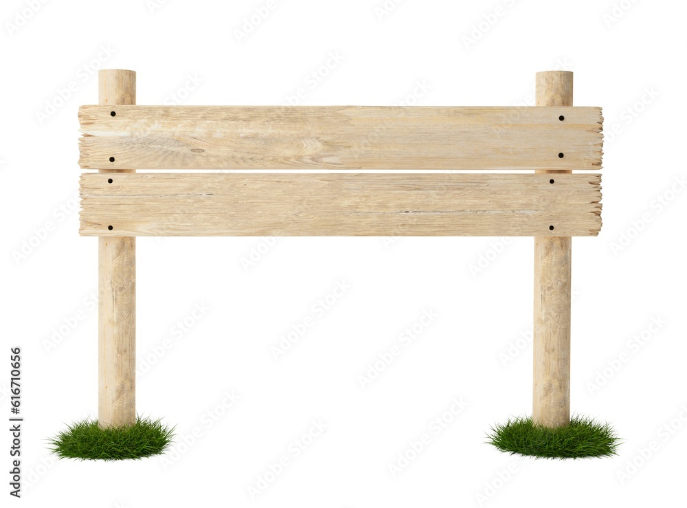 Two wide, empty, blank large wooden signs boards nailed onto two wooden posts on green grass patches with room for text, wooden board sign template isolated on white background Two wide, empty, blank large wooden signs boards nailed onto two wooden posts on green grass patches with room for text, wooden board sign template isolated on white background