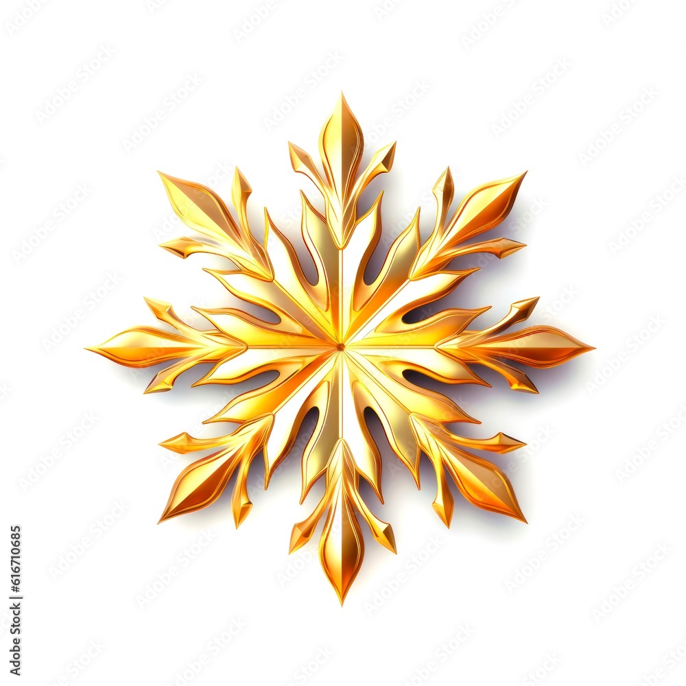 Beautiful golden snowflake on white background. Generative AI. Beautiful golden snowflake on white background. Generative AI.