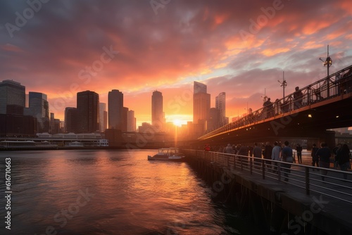 panoramic sunset skyline with city and river view