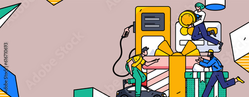 Vector internet operation hand-drawn illustration of people getting discounts for car refueling
