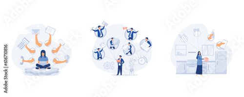 Businesswoman practicing meditation, Multitasking, time management and productivity concept, Overloaded person in pressure, set flat modern vector illustration