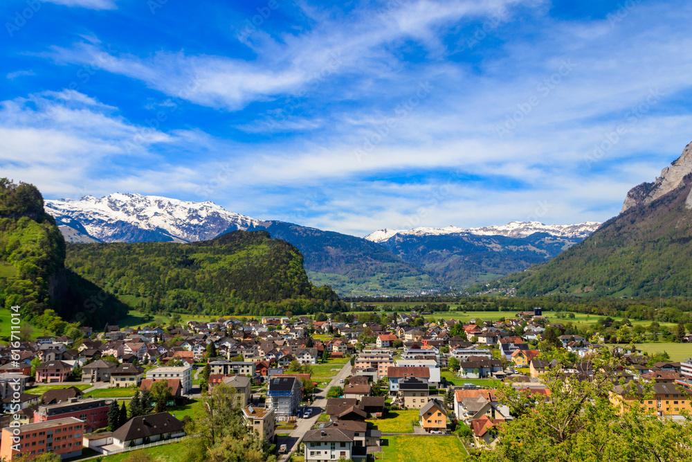 View of Balzers town and Alps in Liechtenstein