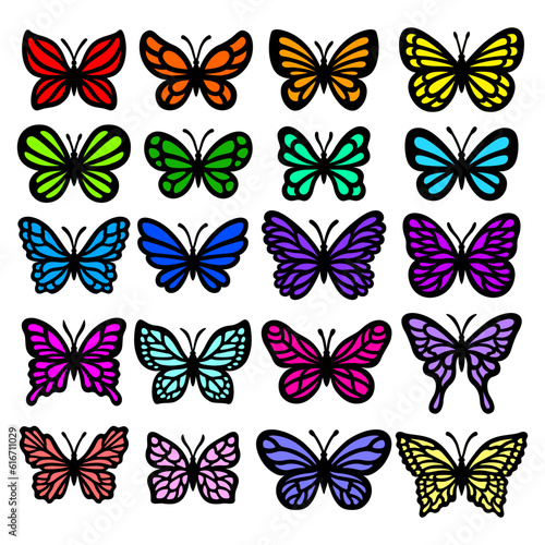 Butterflies silhouettes vector set. 20 Layered templates for laser or paper cutting, printing on a T-shirt, mug. Insects cut files. Flat style. Hand drawn decorative element for your design. © Volha Shybut