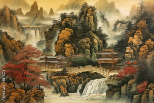 Chinese painting style landscape. asian traditional culture. illustration, drawing © jambulart