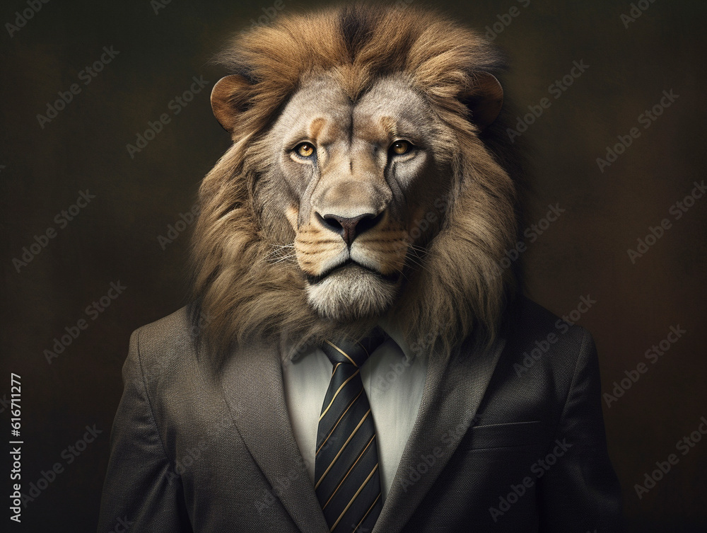 A lion wearing a suit made with generative ai - suit, commercial, animal, well dressed A lion wearing a suit made with generative ai - suit, commercial, animal, well dressed