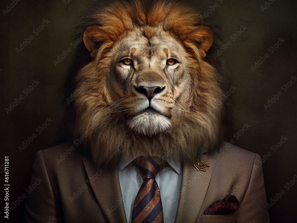 A lion wearing a suit made with generative ai - suit, commercial, animal, well dressed A lion wearing a suit made with generative ai - suit, commercial, animal, well dressed