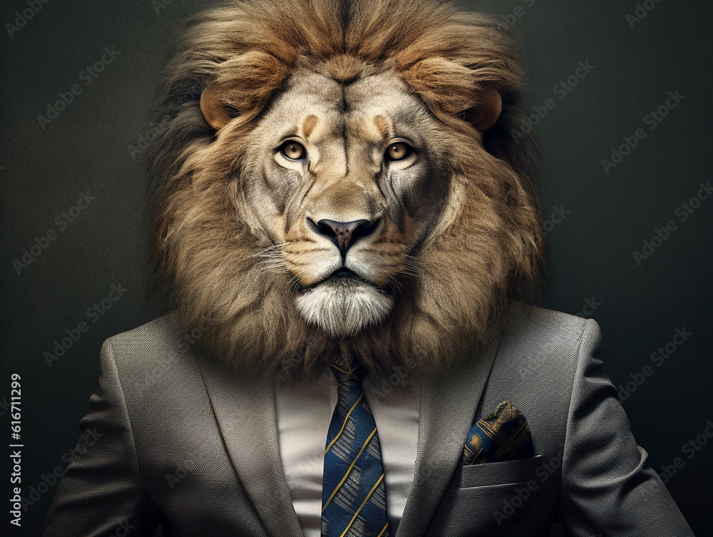 A lion wearing a suit made with generative ai - suit, commercial, animal, well dressed A lion wearing a suit made with generative ai - suit, commercial, animal, well dressed