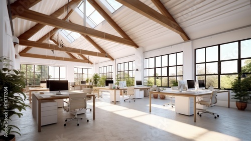 Loft style open space office in a modern urban building. Concrete floor and ceiling with beams, large tables with chairs, desktop computers, plants in floor pots, panoramic windows with city view.